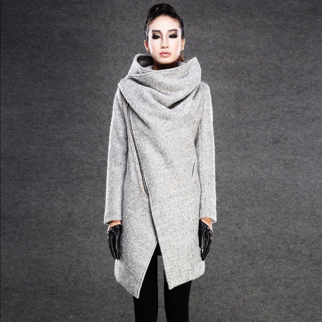 Asymmetrical Wool Coat - Grey - Cowl Neck